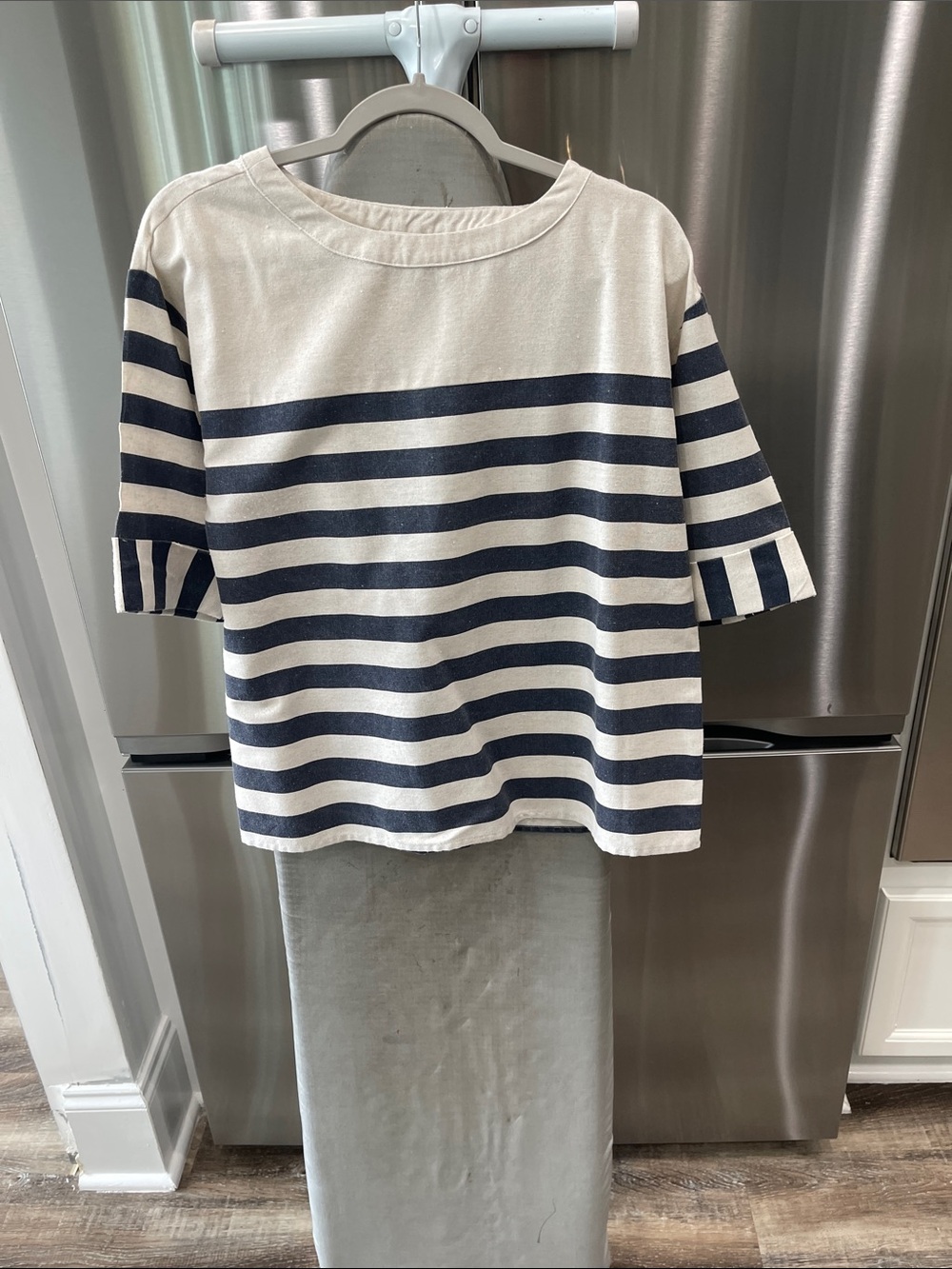 entro Cream and Navy Striped Short-Sleeve Boatneck Top